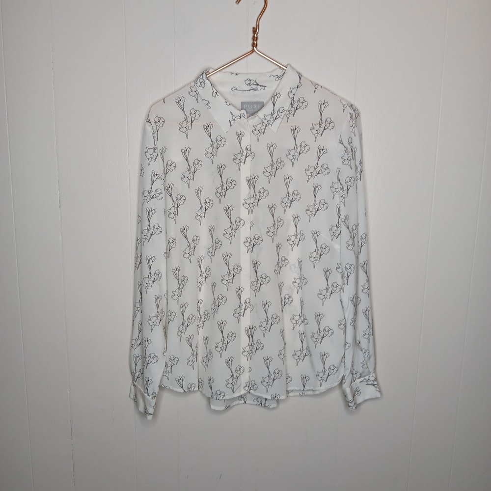 Pure Collection Silk Shirt Womens Size 14/16 White Floral Minimalist Workwear